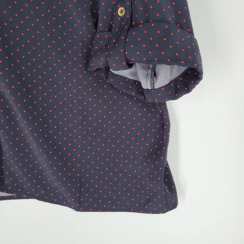 MICHAEL KORS Navy Red Polka Dot Button Front Roll‎ Tab Sleeve Blouse XL